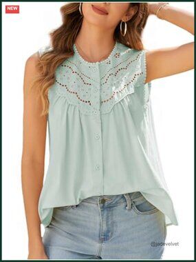 100% Cotton Sleeveless Lace Trimmed V-Neck Button Down Tank Top Summer Flowy
